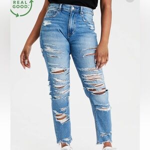 American Eagle High Waisted Distressed Mom Jeans Blue Denim Ripped Shredded 18